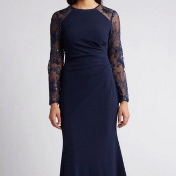 Eliza J Navy Blue Sequin Lace Bodice Trumpet Gown - Picture 1 of 4